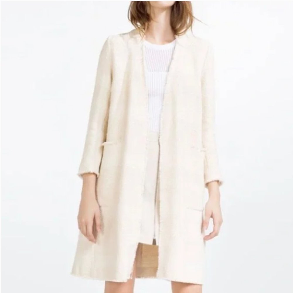Zara Outerwear Jacket Cardigan Twill Small Cream Frayed Edges Boho